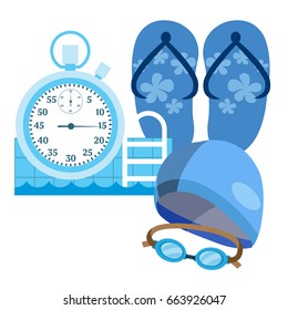 Swimwear and accessories for swimming. Flip-flops, swimming cap and glasses, pool, stopwatch. Flat cartoon isolated vector illustration