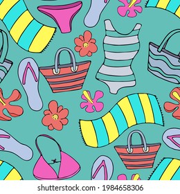 swimwear, bag, towel, flip flops for sunbathing on the beach, set of green tropical green leaves, vector seamless pattern of doodle elements with black outline on a blue background