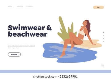 Swimwear and beachwear concept for landing page with happy woman rest on pond lake or river bank