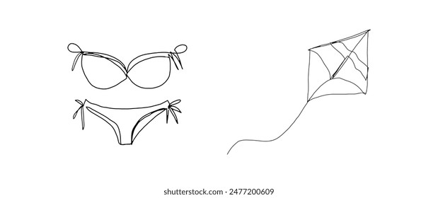 Swimwear bikini, kite continuous one line drawing, single line art element, minimalist sketch line vector illustration, summer holiday concept