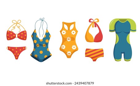 Swimwear collection. Set of different types Women's Swimwear. Split, One-piece and Sport swimsuit. Flat style. Vector  illustration in cartoon style isolated on white background