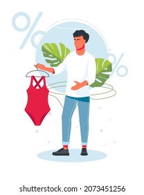 Swimwear discount. A male salesperson advertises discounts on a swimsuit. the seller helps the buyer to choose a swimsuit, dress. Shopping, buying trendy fashionable clothes. Vector illustration