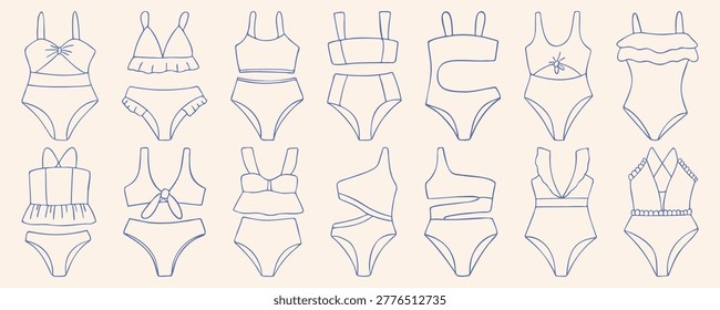 Swimwear doodle set with various bikinis and one-piece swimsuits, blue outline minimalist flat retro style. Hand drawn vector sketch, summer fashion elements collection of beach wear on beige