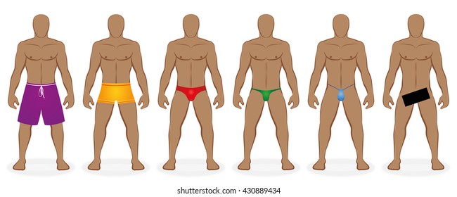 Swimwear dress code for men - ordinary, usually bathers and nude bathing - Isolated vector illustration on white background.