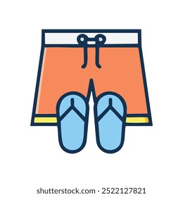 Flip flops de roupa de banho. Troncos de natação laranja com chinelos azuis. Ideal para férias de verão.