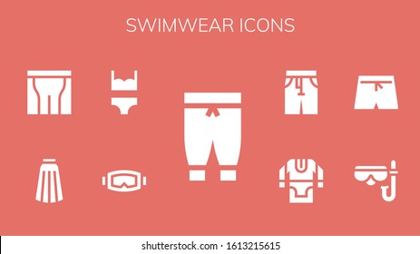 swimwear icon set. 9 filled swimwear icons. Included Pants, Diving mask, Bikini, Skirt, Swim shorts, Tunic icons