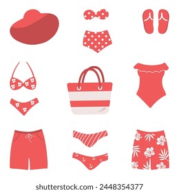 Swimwear isolated on white background. Set. Beautiful red swimsuits, swimming trunks, beach hat, beach bag, flip-flops. Summer vector illustration in red colors