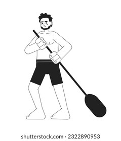 Swimwear man holding paddle monochromatic flat vector character. Physical activity. Paddleboarding. Editable thin line full body person on white. Simple bw cartoon spot image for web graphic design