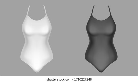 Swimwear mockup, black and white bathing female clothes, beach wear front view. Women fashion, swimsuit model design, isolated objects on grey background Realistic 3d vector icons, mock up, clip art