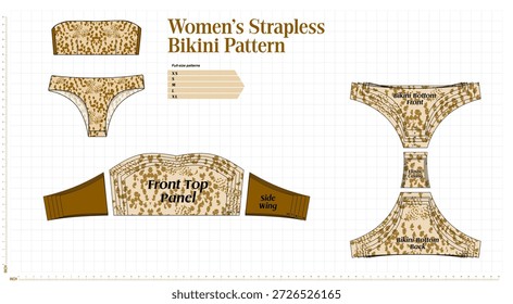 swimwear pattern set showing strapless bikini top and matching bottom with graded sizes XS to XL. Technical layout for fashion designers, pattern makers and apparel development projects