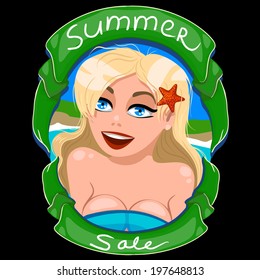 Swimwear sale, blonde on the beach, vector