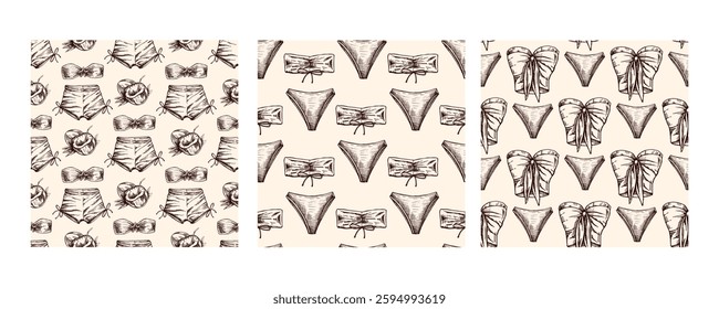 Swimwear seamless pattern set in vintage style with beige background

