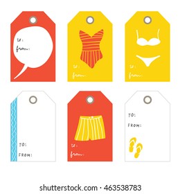 Swimwear. Set of 6  creative tags  templates with marine theme design.  Red, blue and yellow  Cute tags for text and design Collection tags, cute tags, Set tags, printable tags, hand drawn tags