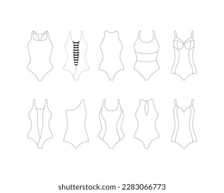 Schuhset. Eine große Kollektion Badebekleidung im linearen Stil. Schwimmenfarbige Seiten für Kinder. Vektorgrafik
