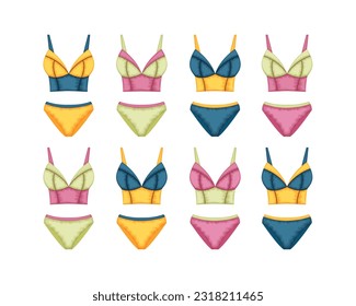 Ropa de baño. Una gran colección de bañeras separadas en tonos rojos, verdes, azules y amarillos. Accesorio de playa para mujeres. Traje de baño. Vector