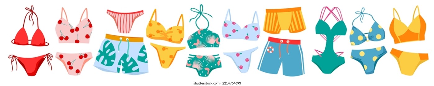 Swimwear set vector illustration. Cartoon isolated swimsuit and underwear template collection for man and woman, fashion shorts, panties and pants, casual bikini and bra to swim, beachwear models