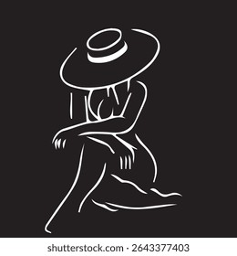 Traje de banho Sutiã Bra modelo de calcinha com grande Brim Hat Underwear Ícone Vetor Arte Ilustração, Preto e Branco Contorno Design