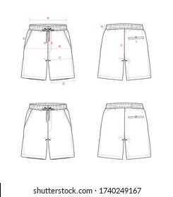 Swimwear / trunks, flat sketch, front & back views, with measurement guide