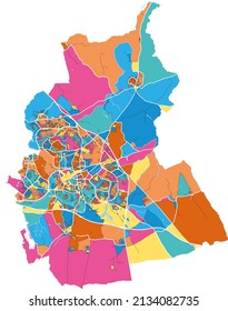 Swindon, South West England, England colorful high resolution vector art map with city boundaries. White outlines for main roads. Many details. Blue shapes for water. 