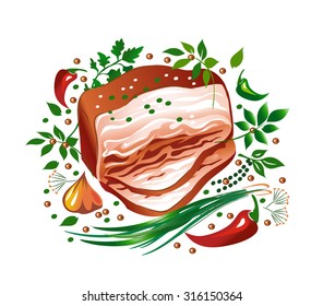 Swine fat. Pork lard. Bacon. Herbs. Vegetables. Vector illustration.