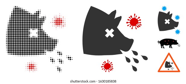 Swine flu halftone vector icon and solid version. Illustration style is dotted iconic Swine flu icon symbol on a white background. Halftone texture is round dots. Some bonus icons.