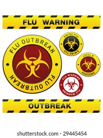 Swine flu pandemic outbreak warning tape, badge, labels and sticker with biohazard symbol