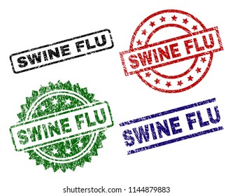 SWINE FLU seal prints with corroded surface. Black, green,red,blue vector rubber prints of SWINE FLU tag with corroded style. Rubber seals with round, rectangle, medal shapes.