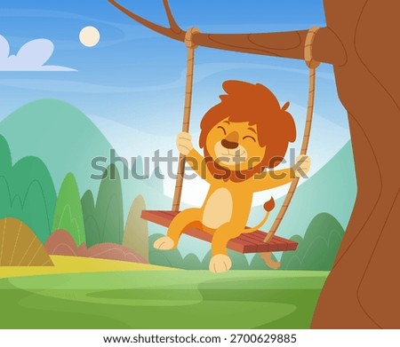 Swing animals background. Cartoon little childish animals playing on playground for kids exact vector swing characters