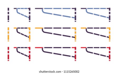 Swing arm gate barrier set. Fence obstacle to prevent movement or access. City street beautification, urban design concept. Vector flat style cartoon illustration, different positions