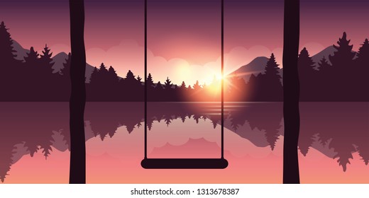 swing at beautiful purple red forest and lake nature landscape at sunrise vector illustration EPS10