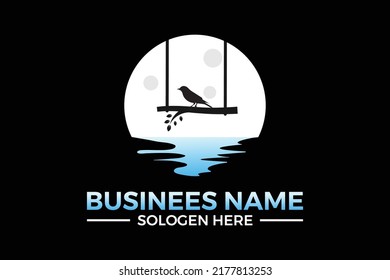  swing with bird logo concept. Landscape child care design template. Vector illustration