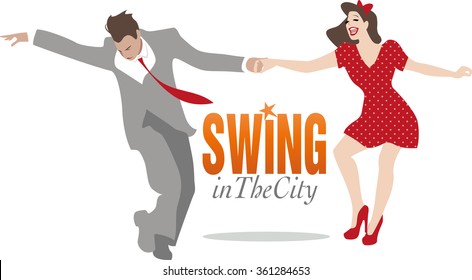 Swing in the City. Handsome man and pin-up girl dancing swing