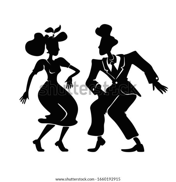 スイングダンスカップルの黒いシルエットベクターイラスト ロックンロールポーズの古風な人 ロカビリー風の女性と男性の2dアニメキャラクターの形をした コマーシャル アニメーション 印刷 のベクター画像素材 ロイヤリティフリー