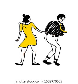 Swing dance couple, guy in black shirt with tie, girl in short yellow dress. Lindy hop dancers, retro social party. Vector outline illustration for school, workshops.