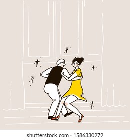 Swing Dance Couple Of Man In Vest And Woman In Short Yellow Dress. Fast Lindy Hop Or Shag Music. Beige Ballroom Interior. Romantic Date Scene. Vector Outline Illustration.