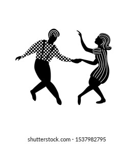 Swing dance couple of people in black and white colors. Man and woman dancing jazz, balboa or lindy hop. Vecctor illustration.