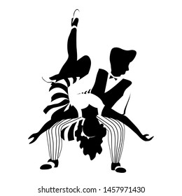 Swing dance couple silhouette in black and white colors. 1940s and 1950s style. Woman in skirt with stripes and man with bow tie doing an acrobatic feats. Flat vector illustration.