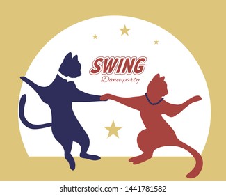 Swing dance couple silhouette of cats  with stars and circle on background. 1940s and 1930s style. Flat vector illustration.