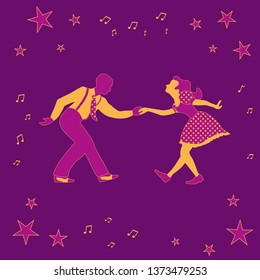 Swing dance couple silhouette with outline, with stars and notes. Black man with tie and suspenders and white woman in dress with dot pattern.