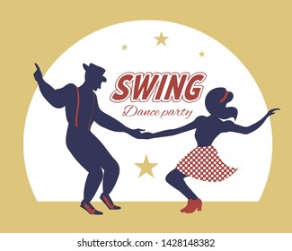 Swing dance couple silhouette with stars and circle on background. 1940s and 1930s style. Woman in skirt with dots and man with suspenders and hat. Flat vector illustration.