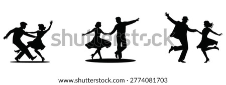 Swing dance couple silhouettes set isolated on white background. Retro dancing pairs collection.