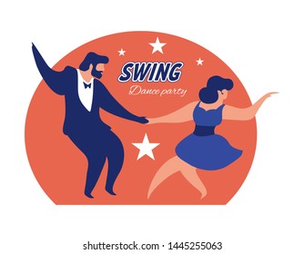 Swing dance couple with stars and text. Trendy drawing with 1940s and 1930s clothes style. Woman in blue dress and man suit. Flat vector illustration.