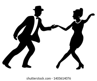 Swing dance negative couple silhouette. Black and white colors. 1940s and 1930s style. Woman with beads and man with bow tie and hat. Flat vector illustration.