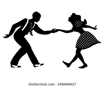Swing dance negative couple silhouette. Black and white colors. 1940s and 1930s style. Woman in dress with dots and man with suspenders and tie. Flat vector illustration.