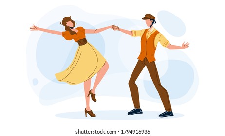 Swing Dance Party Dancing Young Couple Vector. Retro Energy Swing Dance Performing Man And Woman. Boy And Girl Characters Dancers Leisure Active Time And Enjoyment Flat Cartoon Illustration