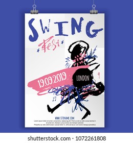 Swing Dance party poster with grunge stains, lines and modern shapes. Music event flyer