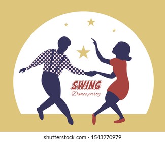 Swing Dance Party Poster. Silhouettes Of Guy And Girl Dancing Swing. 1940s And 1950s Style On Gold Background. Flat Vector Illustration.