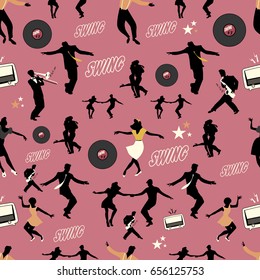 Swing dance pattern. Dancers and musicians. Retro style. Seamless.