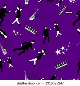 Swing dance seamless pattern with dancing couple, saxophone, musical notes, stars, piano keyboard and music records on a purple background.