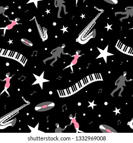 Swing dance seamless pattern with a dancing couple, saxophone, piano keybord, music record, stars and notes on a black background.